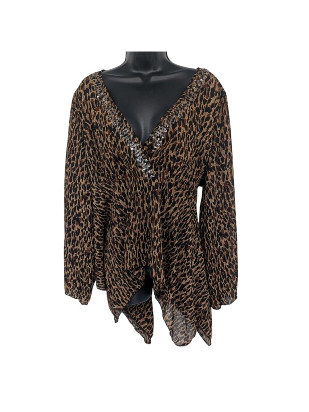 Vtg Leopard Print Tunic Top Sequin Handkerchief Y2K Glam Office Siren Plus 1X